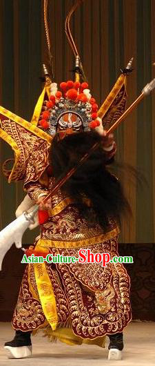 Ya Guan Tower Chinese Peking Opera Wusheng Garment Costumes and Headwear Beijing Opera General Kao Armor Suit with Flags Apparels Clothing