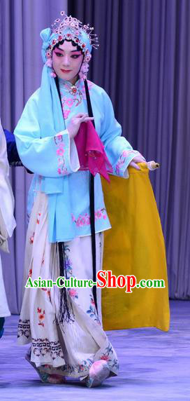 Chinese Beijing Opera Diva Apparels Costumes and Headdress Sister Thirteen Traditional Peking Opera Hua Tan Dress Young Female He Yufeng Garment