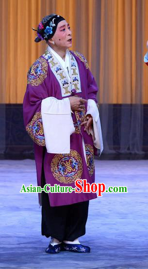 Chinese Beijing Opera Elderly Female Apparels Costumes and Headdress Da Ying Jie Lie Traditional Peking Opera Pantaloon Purple Dress Garment