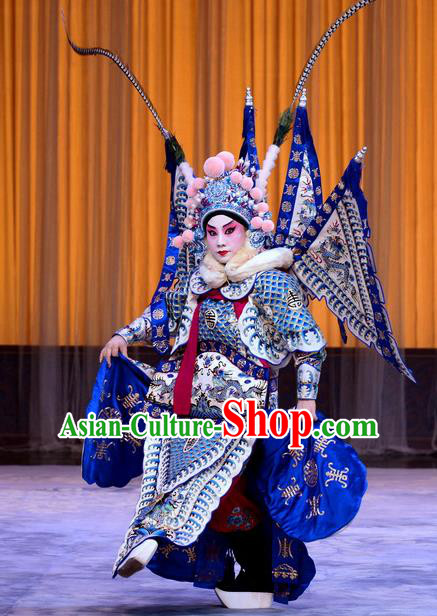 Da Ying Jie Lie Chinese Peking Opera General Kao Armor Suit with Flags Garment Costumes and Headwear Beijing Opera Takefu Kuang Zhong Apparels Clothing