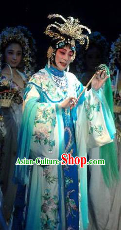 Chinese Beijing Opera Hua Tan Apparels Costumes and Headpieces Tai Zhen Wai Zhuan Traditional Peking Opera Imperial Consort Garment Green Dress