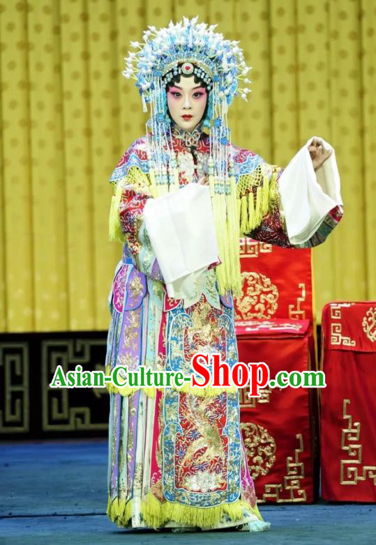Chinese Beijing Opera Hua Tan Apparels Costumes and Headdress Sacrifice Zhao Shi Gu Er Traditional Peking Opera Princess Zhuang Ji Embroidered Dress Garment