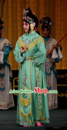 Chinese Beijing Opera Young Lady Apparels Costumes and Headpieces Tai Zhen Wai Zhuan Traditional Peking Opera Court Maid Green Dress Garment