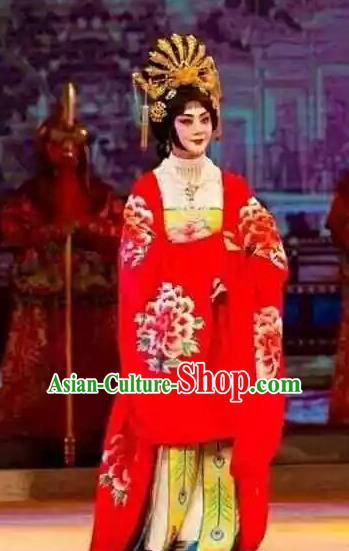 Chinese Beijing Opera Imperial Consort Yang Apparels Costumes and Headpieces Mei Lan Ni Chang Traditional Peking Opera Hua Tan Red Dress Garment