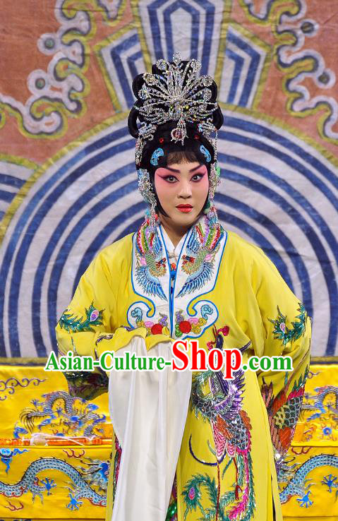 Chinese Beijing Opera Diva Xi Shi Apparels Costumes and Headdress Traditional Peking Opera Actress Yellow Dress Imperial Consort Garment
