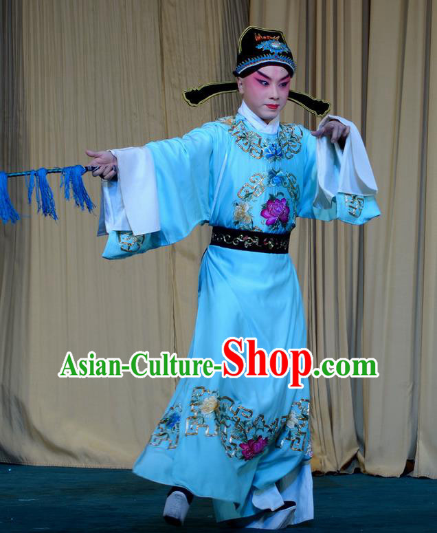 Xi Shi Chinese Peking Opera Young Male Garment Costumes and Headwear Beijing Opera Scholar Apparels Niche Blue Robe Clothing