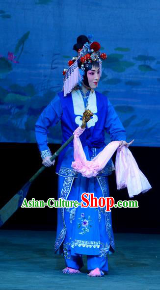 Chinese Beijing Opera Village Girl Xi Shi Apparels Costumes and Headdress Traditional Peking Opera Actress Blue Dress Garment