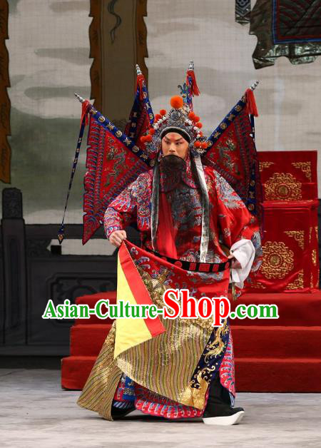 Xi Shi Chinese Peking Opera Wusheng Garment Costumes and Headwear Beijing Opera General Red Kao Armor Suit with Flags Apparels Clothing