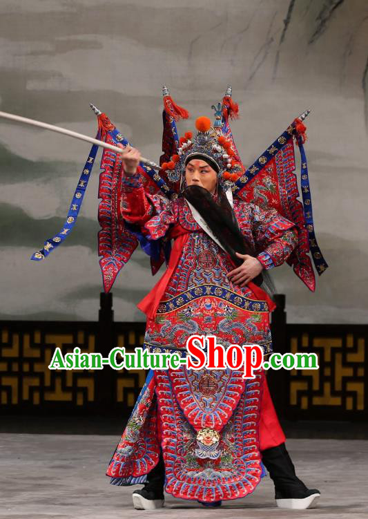 Xi Shi Chinese Peking Opera General Red Kao Armor Suit with Flags Garment Costumes and Headwear Beijing Opera Martial Male Apparels Clothing