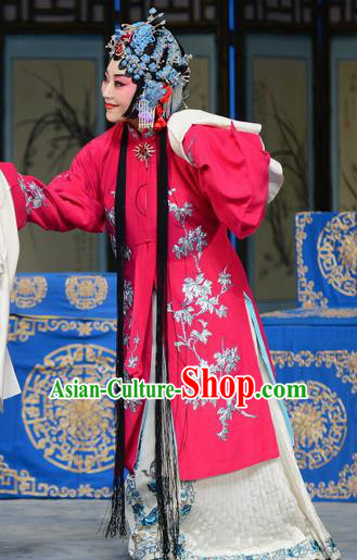 Chinese Beijing Opera Rich Mistress Apparels Costumes and Headdress The Unicorn Purse Traditional Peking Opera Actress Zhao Shouzhen Rosy Dress Garment