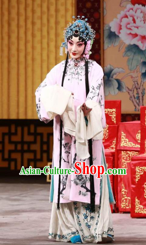Chinese Beijing Opera Diva Zhao Shouzhen Apparels Costumes and Headdress The Unicorn Purse Traditional Peking Opera Young Female Pink Dress Garment