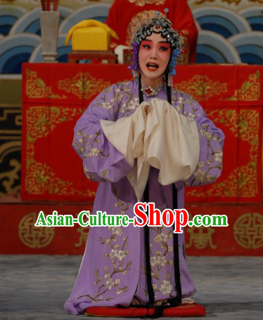 Chinese Beijing Opera Young Female Apparels Costumes and Headdress Chen Sanliang Pa Tang Traditional Peking Opera Hua Tan Purple Dress Diva Li Shuping Garment