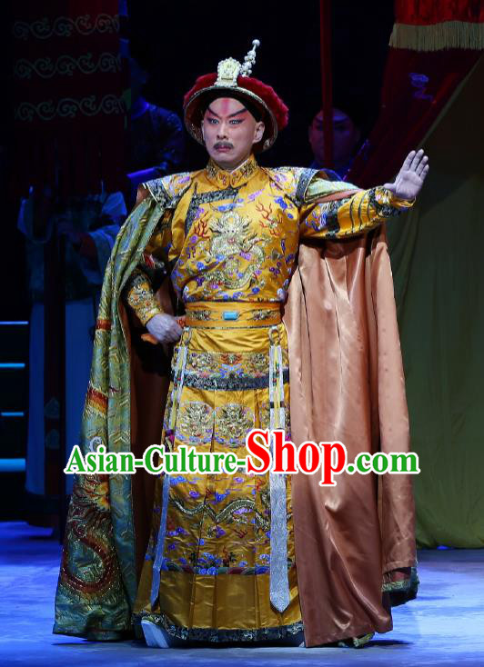 Kangxi Dadi Chinese Peking Opera Garment Costumes and Headwear Beijing Opera Qing Dynasty Emperor Apparels Clothing Majesty Embroidered Robe