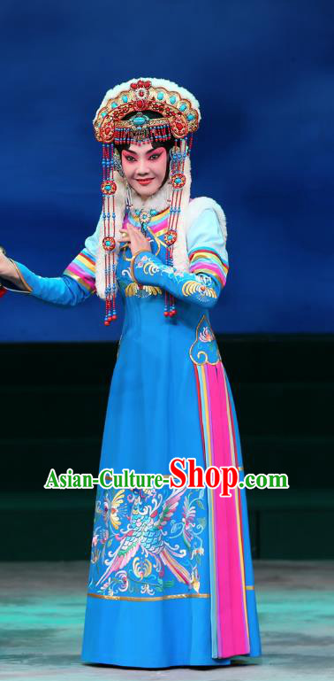 Chinese Beijing Opera Rani Apparels Costumes and Headdress Kangxi Dadi Traditional Peking Opera Princess Lan Er Blue Dress Actress Garment