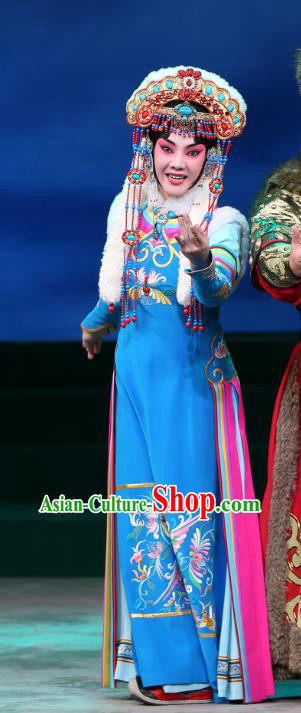 Chinese Beijing Opera Rani Apparels Costumes and Headdress Kangxi Dadi Traditional Peking Opera Princess Lan Er Blue Dress Actress Garment