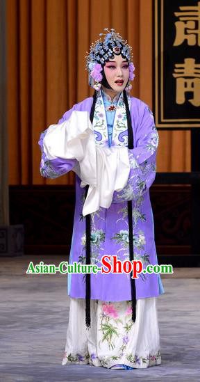 Chinese Beijing Opera Hua Tan Li Shuping Apparels Costumes and Headdress Chen Sanliang Pa Tang Traditional Peking Opera Courtesan Purple Dress Garment