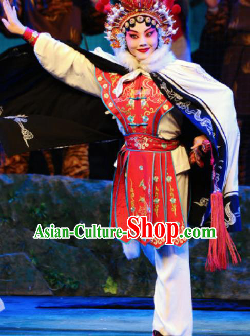 Chinese Beijing Opera Martial Female Apparels Costumes and Headdress Qing Shi Mountain Traditional Peking Opera Wu Dan Red Dress Garment