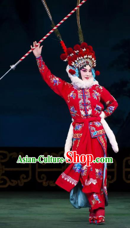 Chinese Beijing Opera Blues Apparels Costumes and Headdress Qing Shi Mountain Traditional Peking Opera Martial Female Red Dress Garment