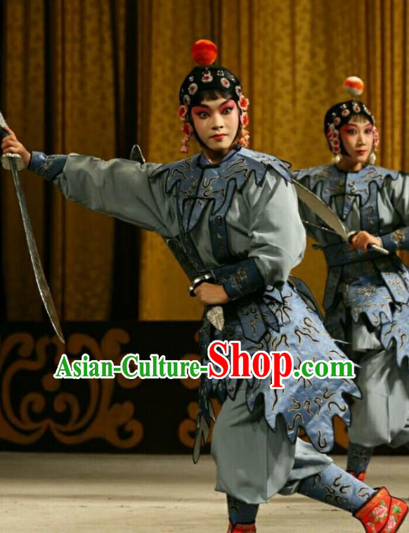 Chinese Beijing Opera Female Swordsman Apparels Costumes and Headdress Qing Shi Mountain Traditional Peking Opera Martial Girl Dress Garment