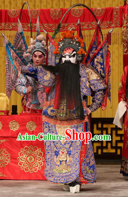 A Honey Trap Chinese Peking Opera Wusheng Kao Garment Costumes and Headwear Beijing Opera Apparels Martial Man Clothing General Blue Armor Suit with Flags