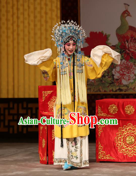 Chinese Beijing Opera Princess Sun Shangxiang Apparels Costumes and Headdress A Honey Trap Traditional Peking Opera Hua Tan Yellow Dress Actress Garment