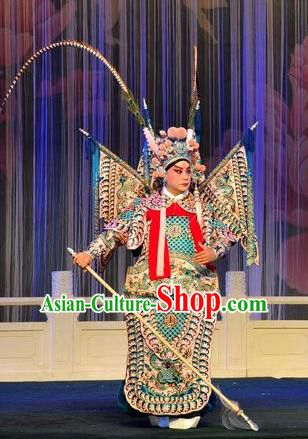 A Honey Trap Chinese Peking Opera Takefu Garment Costumes and Headwear Beijing Opera Martial Male Apparels General Zhou Yu Kao Armor Suit with Flags Clothing