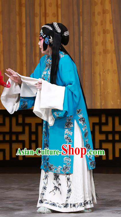 Chinese Beijing Opera Distress Woman Apparels Costumes and Headdress The Mirror of Fortune Traditional Peking Opera Tsing Yi Blue Dress Garment
