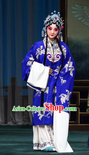 Chinese Beijing Opera Rich Consort Apparels Costumes and Headdress The Mirror of Fortune Traditional Peking Opera Young Beauty Blue Dress Diva Garment