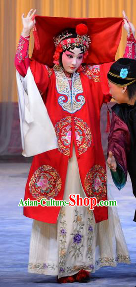 Chinese Beijing Opera Bride Red Apparels Costumes and Headpieces Xin An Yi Traditional Peking Opera Diva Zhou Fengying Dress Wedding Garment