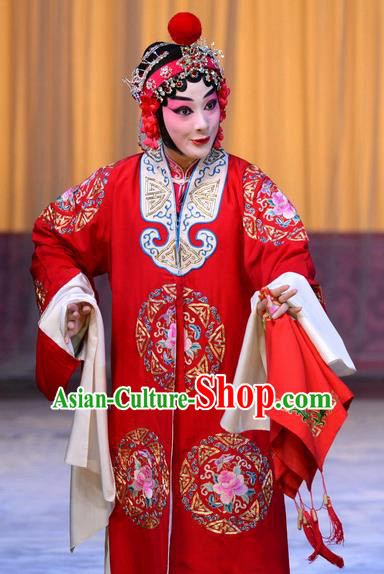 Chinese Beijing Opera Bride Red Apparels Costumes and Headpieces Xin An Yi Traditional Peking Opera Diva Zhou Fengying Dress Wedding Garment