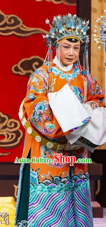 Chinese Beijing Opera Queen Apparels Costumes and Headdress Princess Yinping Traditional Peking Opera Elderly Female Dress Pantaloon Garment