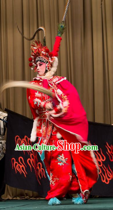 Chinese Beijing Opera Actress Apparels Costumes and Headdress Qing Shi Mountain Traditional Peking Opera Fairy Fox Red Dress Female Swordsman Garment
