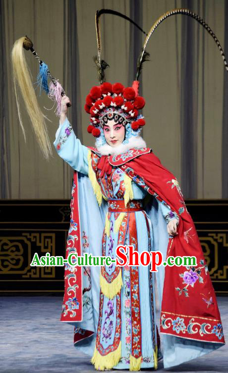Chinese Beijing Opera Tao Ma Tan Fairy Fox Apparels Costumes and Headdress Qing Shi Mountain Traditional Peking Opera Blues Dress Garment