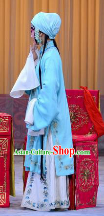 Chinese Beijing Opera Hua Tan Apparels Costumes and Headpieces Xin An Yi Traditional Peking Opera Young Female Zhao Meirong Blue Dress Garment