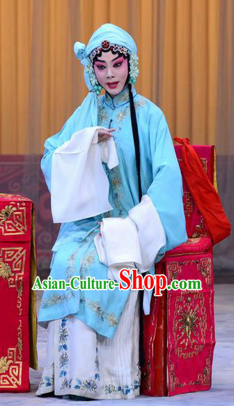 Chinese Beijing Opera Hua Tan Apparels Costumes and Headpieces Xin An Yi Traditional Peking Opera Young Female Zhao Meirong Blue Dress Garment