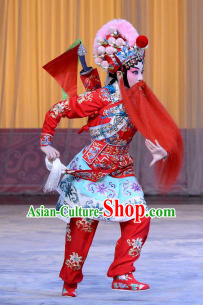 Chinese Beijing Opera Swordswoman Red Apparels Costumes and Headpieces Xin An Yi Traditional Peking Opera Martial Female Luo Yan Dress Garment