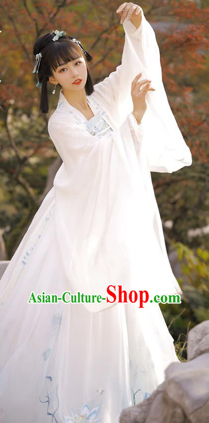 Chinese Traditional Tang Dynasty Royal Princess Apparels Historical Costumes Ancient Court Lady Embroidered White Hanfu Dress for Women