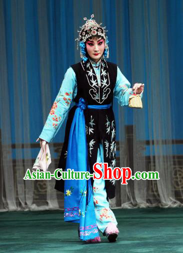 Chinese Beijing Opera Young Lady Apparels Maidservant Shou Chun Costumes and Headdress The Mirror of Fortune Traditional Peking Opera Xiaodan Dress Garment
