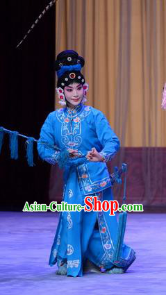 Chinese Beijing Opera Female Swordsman Apparels Costumes and Headdress Traditional Peking Opera Princess Shuangyang Young Lady Blue Dress Xiaodan Garment