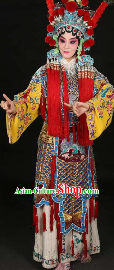 Chinese Beijing Opera Martial Female Apparels Costumes and Headdress Traditional Peking Opera Blues Princess Shuangyang Dress Garment