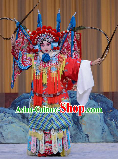 Chinese Beijing Opera Tao Ma Tan Zhang Yue E Apparels Costumes and Headdress Hong Tao Shan Traditional Peking Opera Female General Kao Armor Suit with Flags Dress Garment