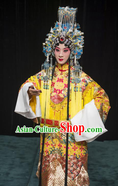 Chinese Beijing Opera Queen Apparels Hua Tan Costumes and Headdress Anecdote of Wu Zetian Traditional Peking Opera Empress Dress Garment