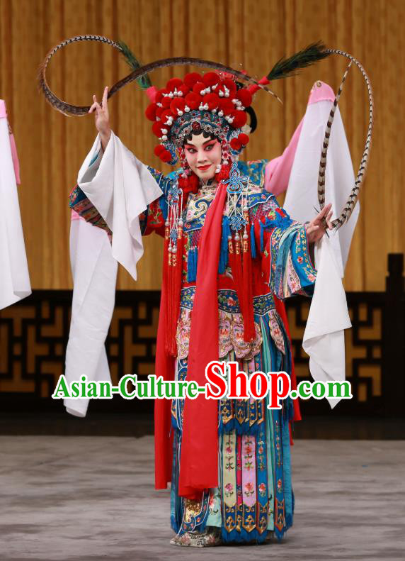 Chinese Beijing Opera Blues Apparels Costumes and Headdress Hongqiao with the Pearl Traditional Peking Opera Tao Ma Tan Dress Goddess Ling Bo Garment