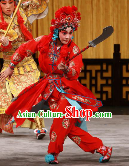 Chinese Beijing Opera Martial Female Apparels Costumes and Headdress Hongqiao with the Pearl Traditional Peking Opera Swordswoman Red Dress Garment