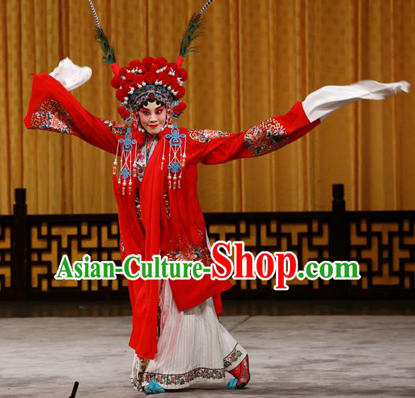 Chinese Beijing Opera Bride Apparels Costumes and Headdress Hongqiao with the Pearl Traditional Peking Opera Hua Tan Red Dress Fairy Ling Bo Garment