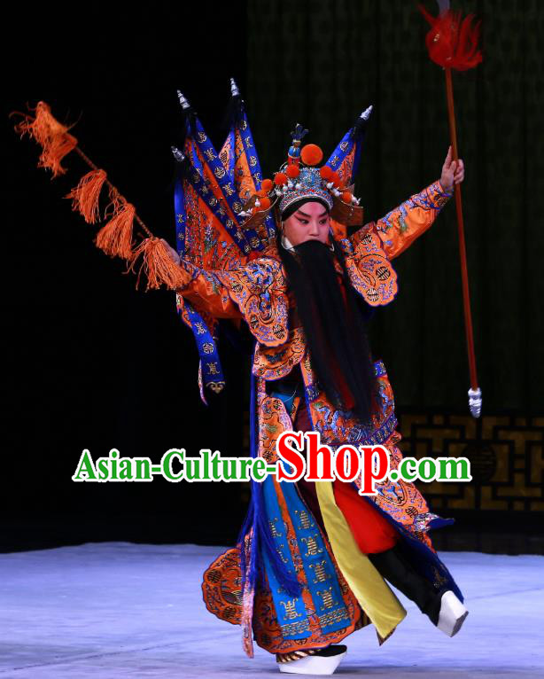 Kirin Pavilion Chinese Peking Opera General Armor Garment Costumes and Headwear Beijing Opera Kao Suit with Flags Apparels Clothing