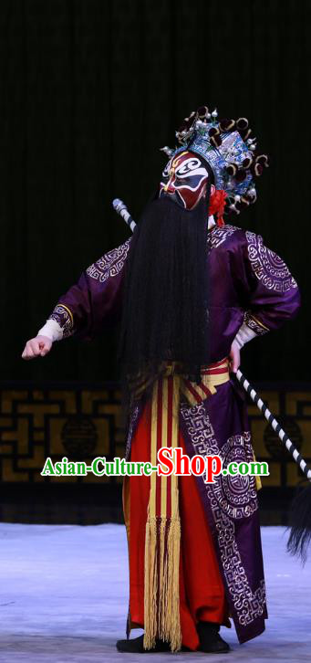 Hongqiao with the Pearl Chinese Peking Opera Martial Male Garment Costumes and Headwear Beijing Opera Wusheng Apparels Swordsman Purple Clothing