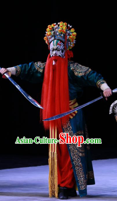 Hongqiao with the Pearl Chinese Peking Opera Wusheng Martial Male Garment Costumes and Headwear Beijing Opera Apparels Swordsman Blue Clothing