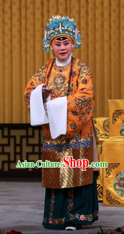 Chinese Beijing Opera Queen Mother Apparels Elderly Female Costumes and Headdress Fa Men Temple Traditional Peking Opera Noble Woman Dress Garment