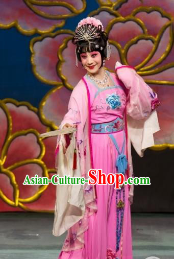 Chinese Beijing Opera Princess Apparels Young Lady Costumes and Headdress Luo Yang Gong Traditional Peking Opera Actress Pink Dress Garment